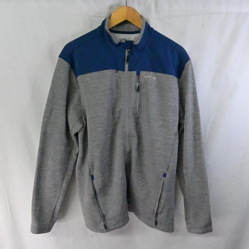 Orvis Large Mens Gray Blue Full Zip Fleece Pockets Warm Fall Spring‎ Jacket